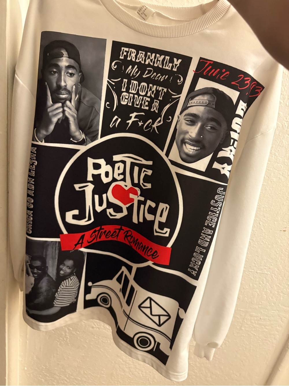Poetic Justice Graphic Pullover Sweatshirt - White with Black & Red Print